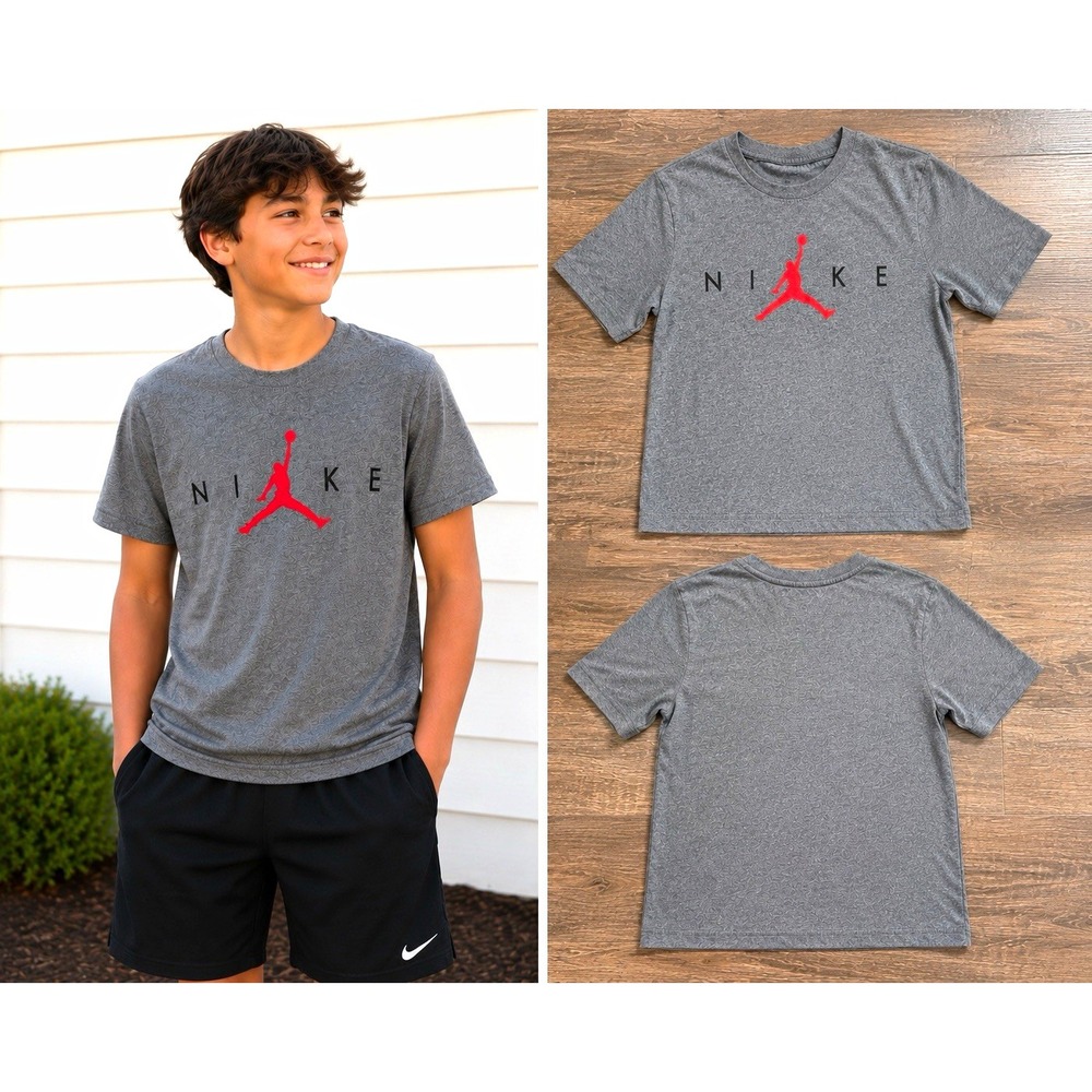 Nike Air Jordan Jumpman Boys L Gray/Red Graphic Print Crew Neck T-Shirt Poly